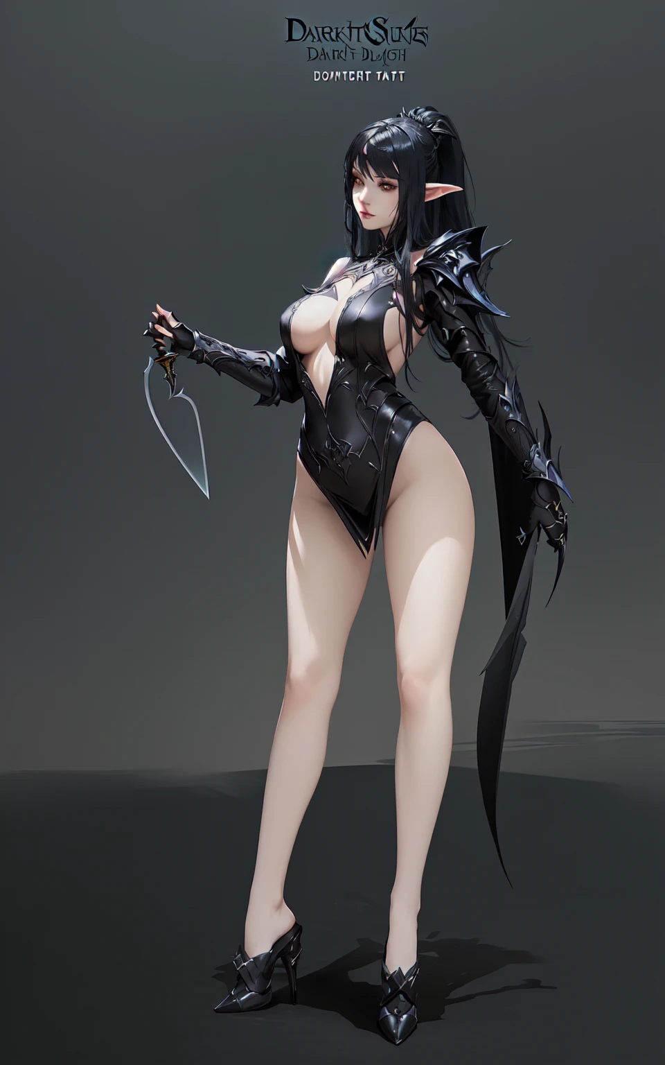 A man in a tights、Close-up of woman holding sword, Dark witch full body pose, Succubus in tight skirt, Dark Witch Panorama, beautiful Whole body concept art, Dark Witch Character, Dark Elf Princess, Full body fairy, Whole body concept, dark fantasy character design, Morgana in League of Legends