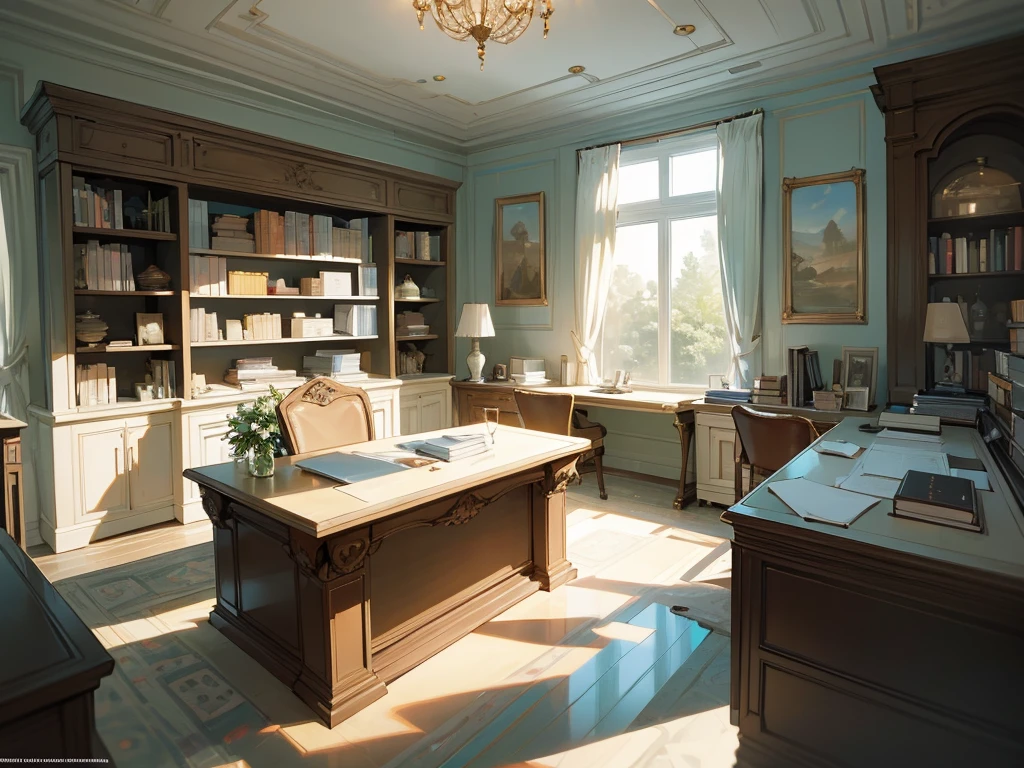 An impeccably organized office space, meticulously arranged to exude efficiency and professionalism. The sleek modern desk is clutter-free, adorned with a designer laptop and chic stationery. The walls are lined with elegant artwork and shelves of leather-bound books, creating a sophisticated atmosphere. The large windows let in a soft, natural light that illuminates the room, giving the image a serene and luxurious quality. This striking photograph captures the epitome of a pristine workspace, inviting viewers to admire its flawless aesthetic.