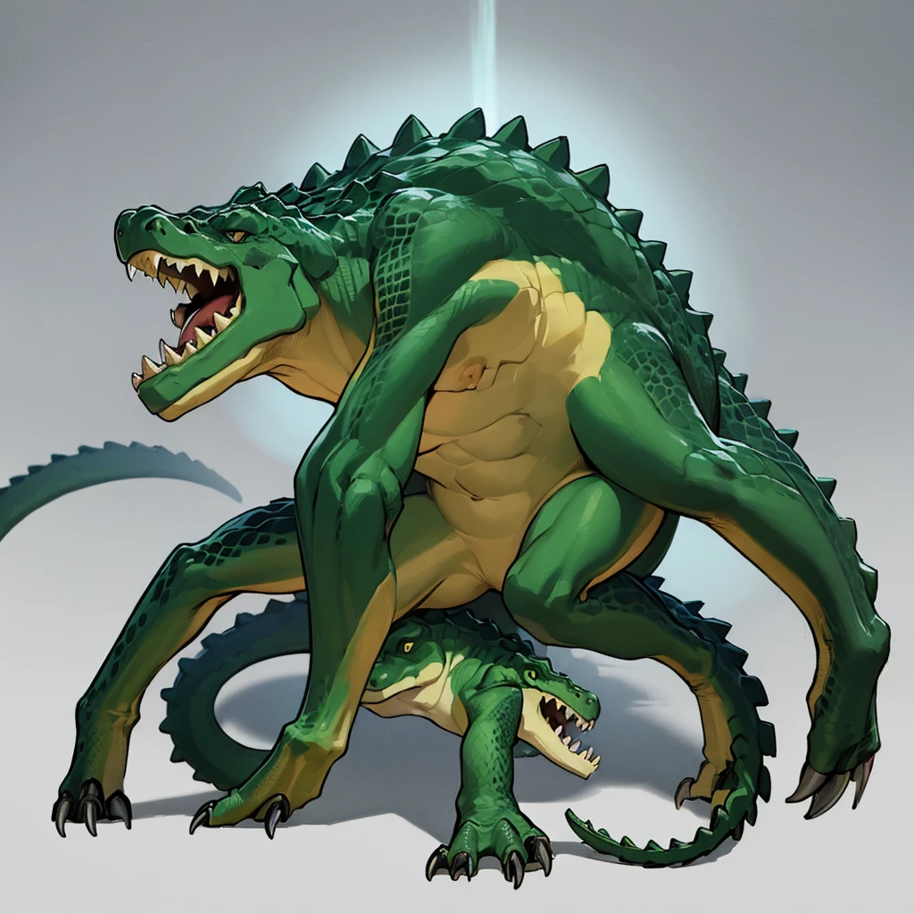 ((((No humans))))、Libra, reptiles, scar, Humanity, Crocodile, green body, scale, There is nothing there, Crocodilian, facial scar, Muscular, green scale, teeth、get annoyed、Fighting stance、Movement angle、From above、White background