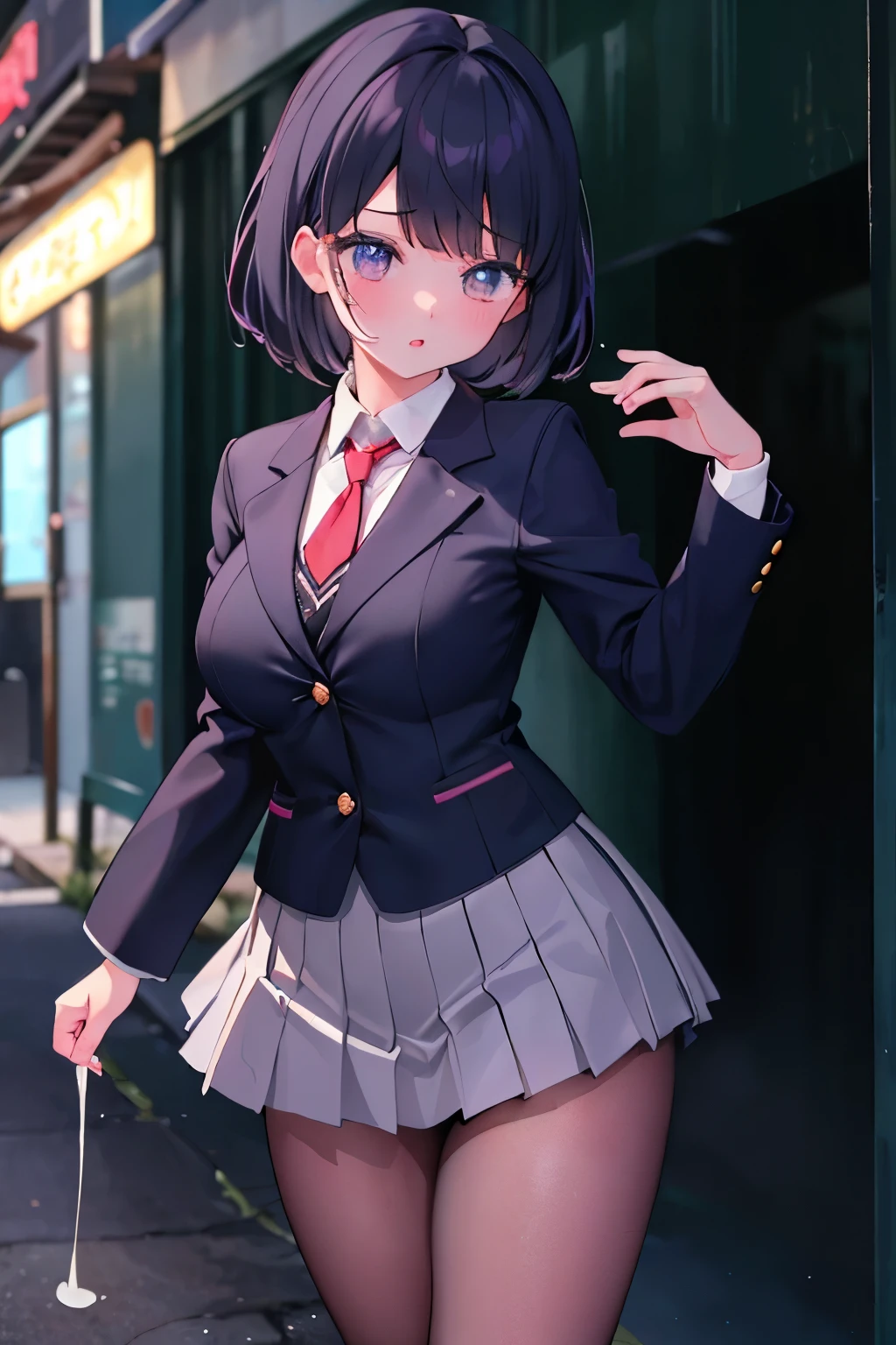 (8K、Highest quality、highest quality、masterpiece)、Detailed face、One girl、((ガラスに胸を押し付ける1.4))、、short hair、、blunt bangs、Grey Eyes、、、((Blazer jacket uniform))、((Pleated skirt))、((No panties))、((bent over))、Back Alley Background、Very large breasts、Nipples are visible、、Black Pantyhose、Milk dripping from nippleilk spurting from the nipple、、Open your mouth、Troubled face、Love juice from the genitals、Full body portrait、Walking around the city、One man、Hearts in the eyes、Sex with a man