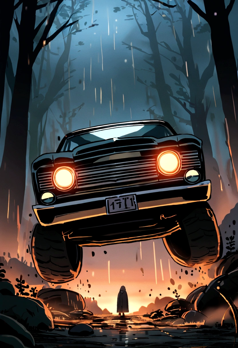 The sound of rain and metal echoed in harmony.,The tires are torn and spinning in caramel-like mud.,The engine barked frantically in the dark。It was an old Chevrolet Impala.:Litoflan Impala。Car struggling on dirt road in forest,薄dark光は薄暗くてかすかな, It cannot shoot through the darkness。The sky is raining, The forest is tall and majestic。dark,universe
