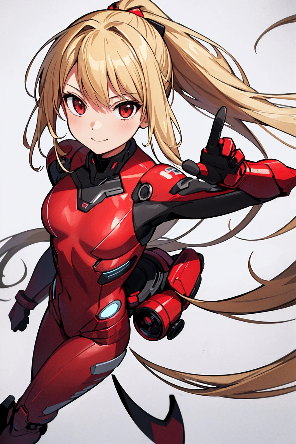 whole body,Standing posture, (alone,Beautifully arranged hair,,Blonde,ponytail,) (One girl, Small breasts,Lori), (beautifully drawn face:1.2) (Plug Suit:1.3,Red clothes,Sci-Fi Suit) A determined smile,Cool pose,(White background) 
