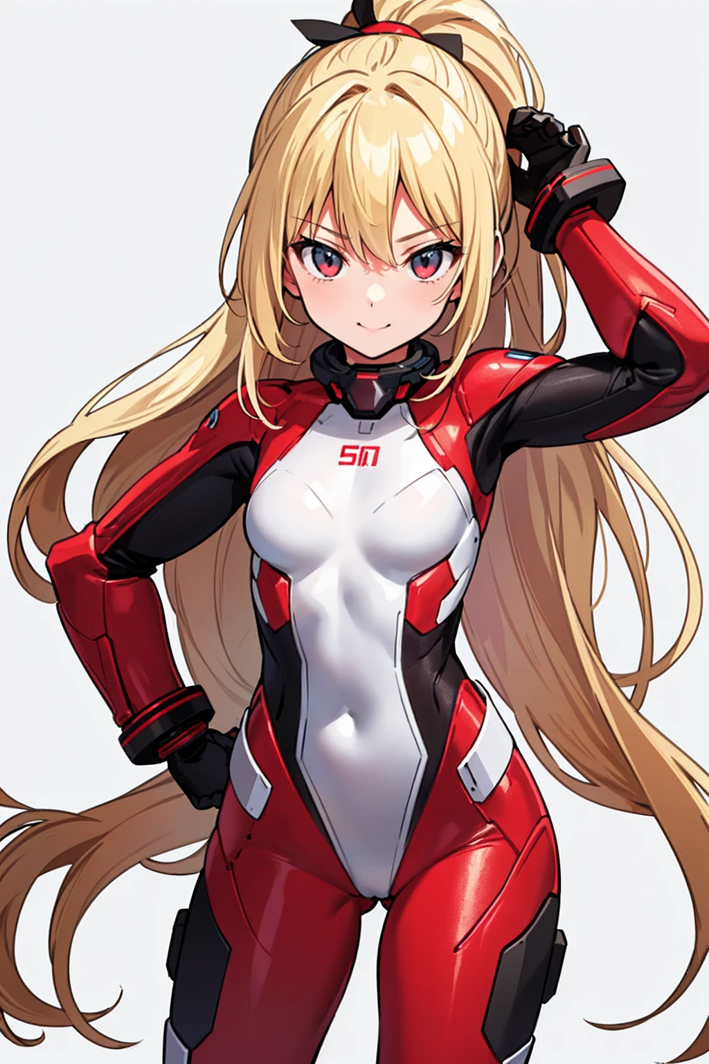 whole body,Standing posture, (alone,Beautifully arranged hair,,Blonde,ponytail,) (One girl, Small breasts,Lori), (beautifully drawn face:1.2) (Plug Suit:1.3,Red clothes,Sci-Fi Suit) A determined smile,Cool pose,(White background)
