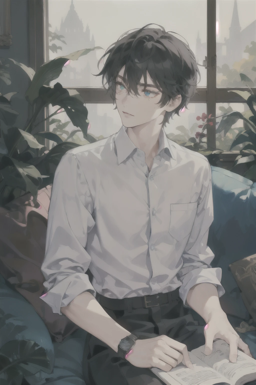masterpiece, best quality, ultra detailed, (solo man), (male focus), ((Oblong face)), ((Square jawline)), black hair, ((hairs between eyes)), ((shoulder length)), ((narrow blue eye)), fair skin, skinny body, beauty mark, {uniform, outfit, clothes}, dress shirt, watch, sitting on sofa, read a book, ((looking away))
