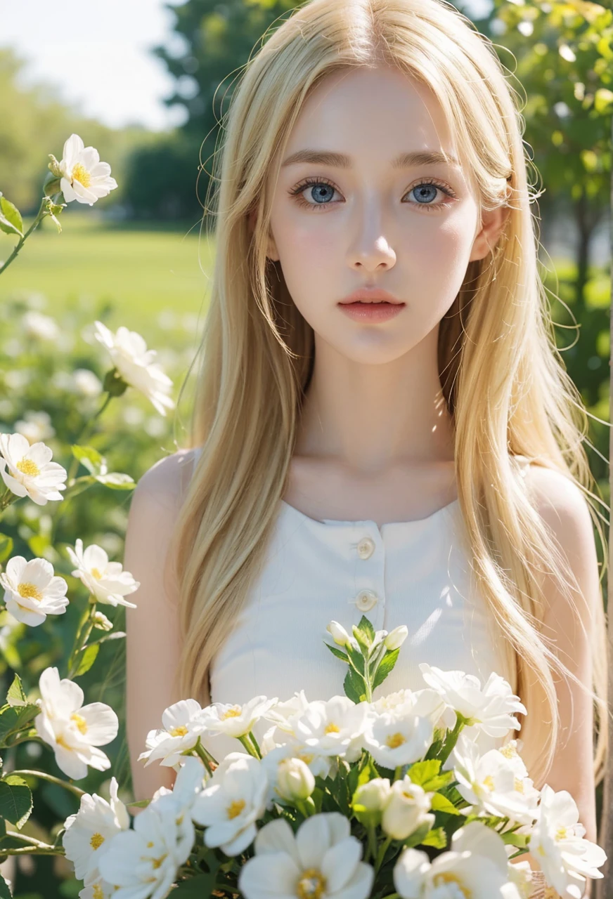 1 girl, animal ears, pale blonde hair, ash blonde hair, minty green dress, yellow flowers, mint green flowers, white flowers, blossoms, cute, fun pose, (best quality,4k,8k,highres,masterpiece:1.2),ultra-detailed,(realistic,photorealistic,photo-realistic:1.37),HDR,UHD,studio lighting,ultra-fine painting,sharp focus,physically-based rendering,extreme detail description,professional,vivid colors,bokeh,fantasy,portrait