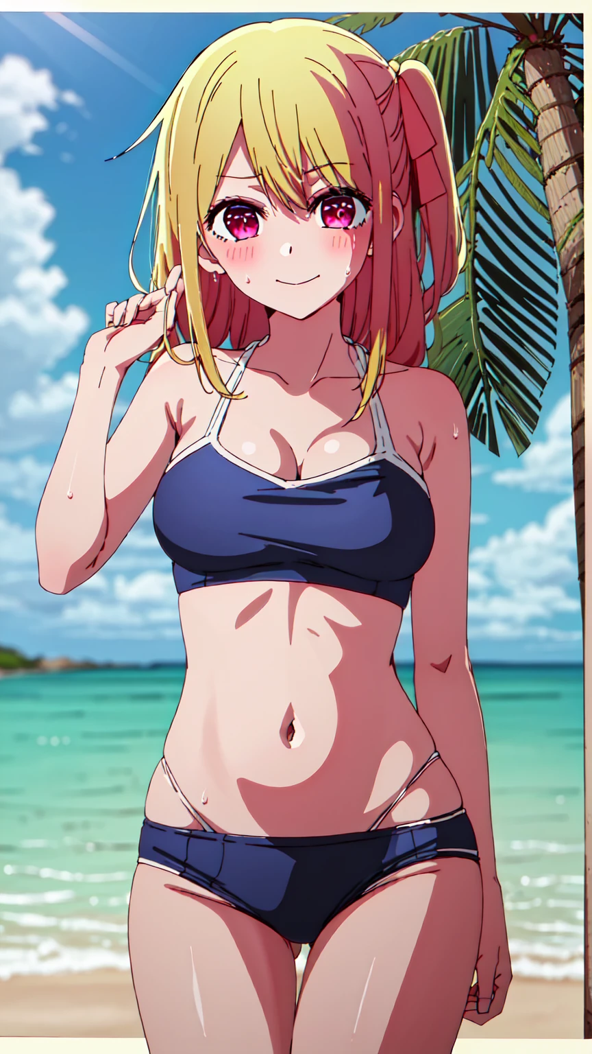 best quality, masterpiece, highres, solo, {ruby_oshinoko:1.15}, blonde_hair, bangs, long_hair, blush, closed_mouth, 1girl,pink_eyes, hair_between_eyes, hair_ribbon, pink_ribbon, ribbon, red_eyes,Smiling, looking at the viewer, Bikini,blue theme, blue background, cloudy sky, sunlight, sweat, orgasmic, bikini swimsuit, large breasts, cleavage, belly button exposed, collarbone, thighs, sea and beach,