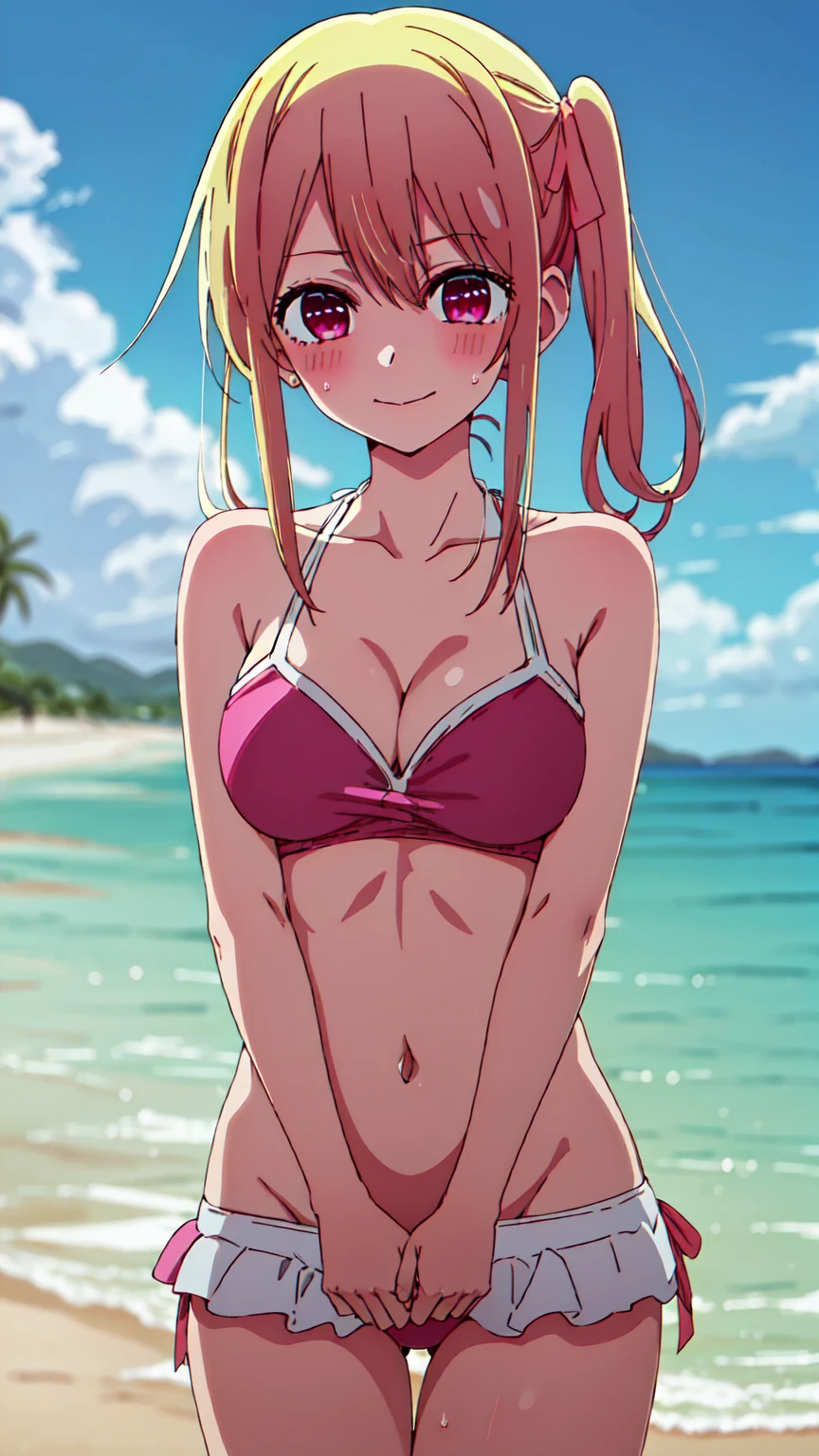 best quality, masterpiece, highres, solo, {ruby_oshinoko:1.15}, blonde_hair, bangs, long_hair, blush, closed_mouth,  1girl,pink_eyes,  hair_between_eyes, hair_ribbon, pink_ribbon, ribbon, red_eyes,Smiling, looking at the viewer, Bikini,blue theme, blue background, cloudy sky, sunlight, sweat, orgasmic, bikini swimsuit, large breasts, cleavage, belly button exposed, collarbone, thighs, sea and beach,