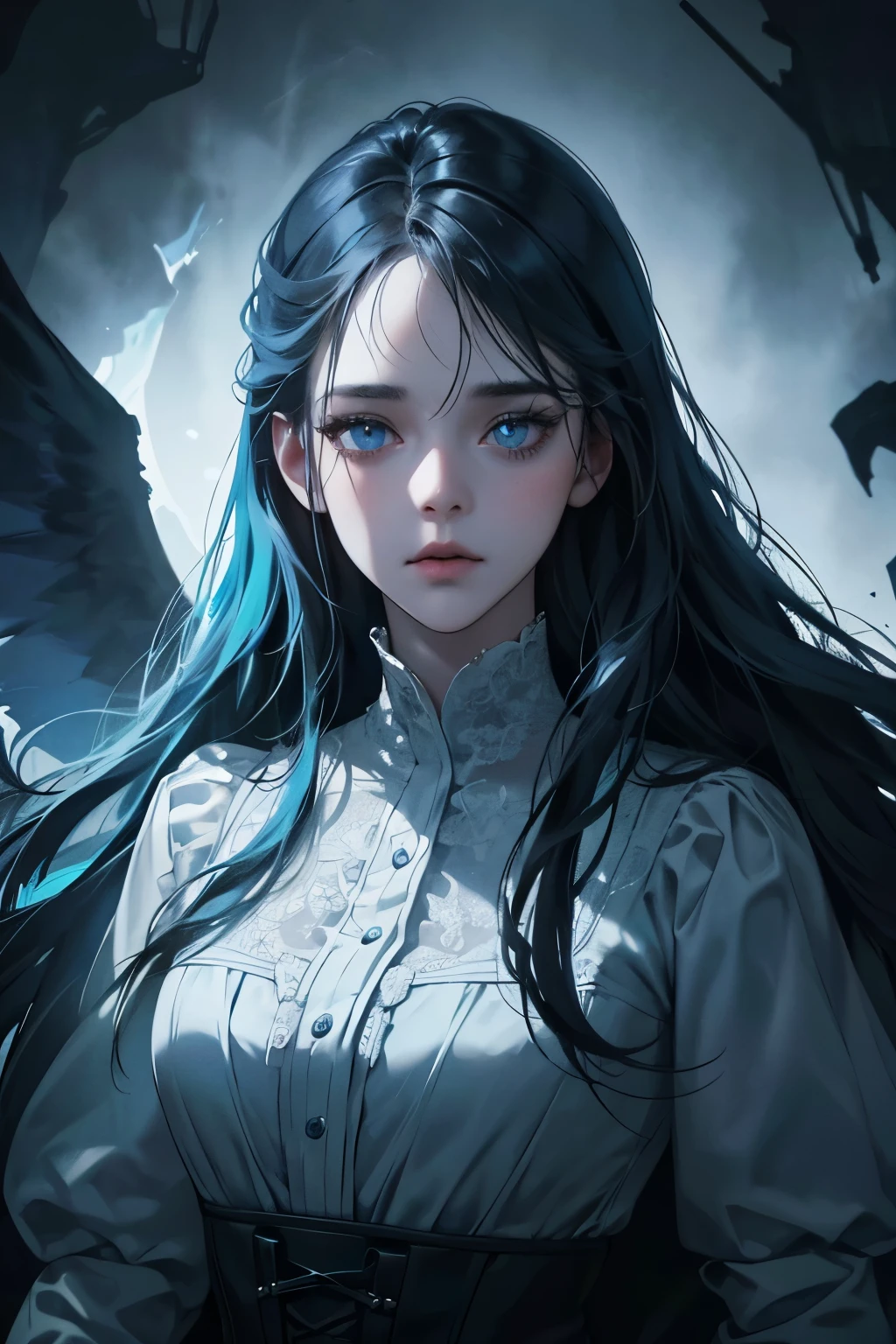a ghostly entity, translucent, blue and white, spirit of fear, long hair, empty eyes, gothic background, 1girl, detailed face, detailed eyes, detailed lips, dark fantasy, haunting, supernatural, eerie atmosphere, dramatic lighting, moody, cinematic, hyper detailed, 8k, masterpiece
