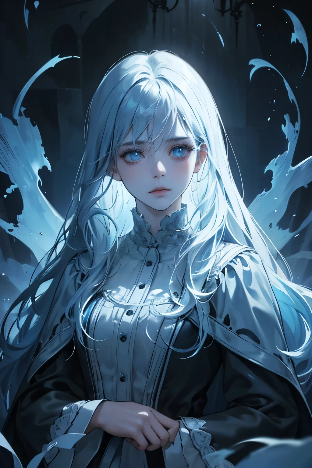 a ghostly entity, translucent, blue and white, spirit of fear, long hair, empty eyes, gothic background, 1girl, detailed face, detailed eyes, detailed lips, dark fantasy, haunting, supernatural, eerie atmosphere, dramatic lighting, moody, cinematic, hyper detailed, 8k, masterpiece