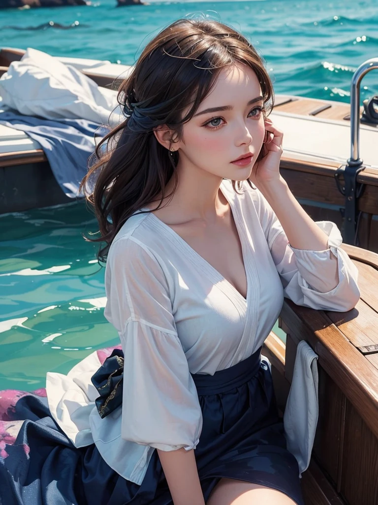 hyper realistic watercolor of a beautiful woman on a rock calling sailors who are leaning over the side of a boat to her, oil painting, watercolor, alcohol ink, intricate detail, vibrant color