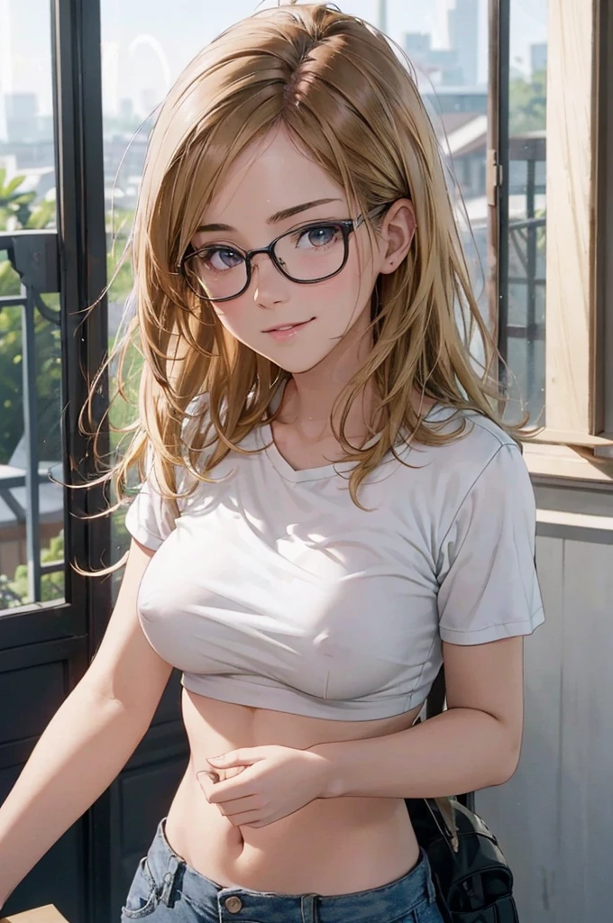 最high quality, high quality, High resolution, high quality texture, high quality shadows, High resolution, Beautiful details, Detailed CG, Detailed Texture, Realistic representation of face, Realistic, colorful, delicate, Cinematic Light, Side light, Lens flare, Ray Tracing, sharp concentrated, (1 Girl,concentrated:1.3), ( Intricate details, compensate, PureErosFaceV1:0.5), (細部まで美しいdelicateな顔, 緻密で美しいdelicateな瞳, Perfect Facial Proportions, Dense skin, Optimal ratio of four fingers to one thumb, Modest chest, Beautiful Hips, Smooth upper abdomen, blue eyes , glasses ,White shirt, mountaineering pants ,trekking shoes, work cap, Hanoi old quarter, hiking, buzzer, blue sky,trekking backpack ,adventure journey ,the gaze of true love, lips of temptation, A look full of compassion ,a smile full of love, i love you, Acting lovey-dovey, waist up, 35 years old, hiking,house wife,show off nipples under white shirt, air fortress hair, blonde hair
