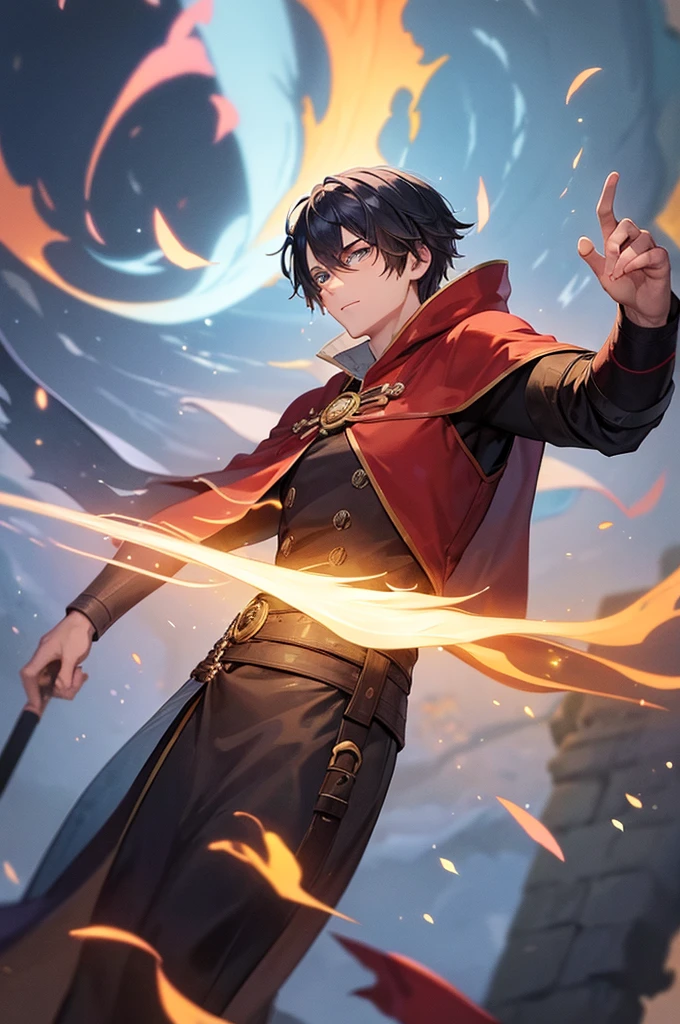 1 men, fire mage, wizard's hood, holding a wizard's staff, bonitas, stark