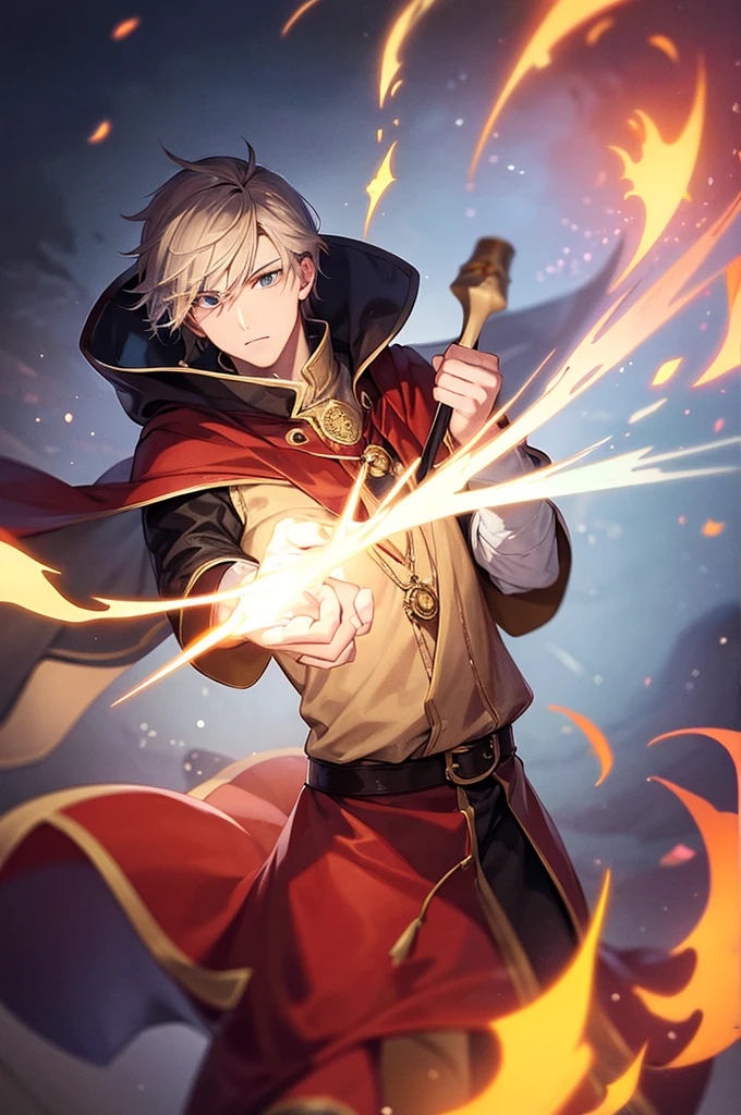 1 men, fire mage, wizard&#39;s hood, holding a wizard&#39;s staff, bonitas, stark