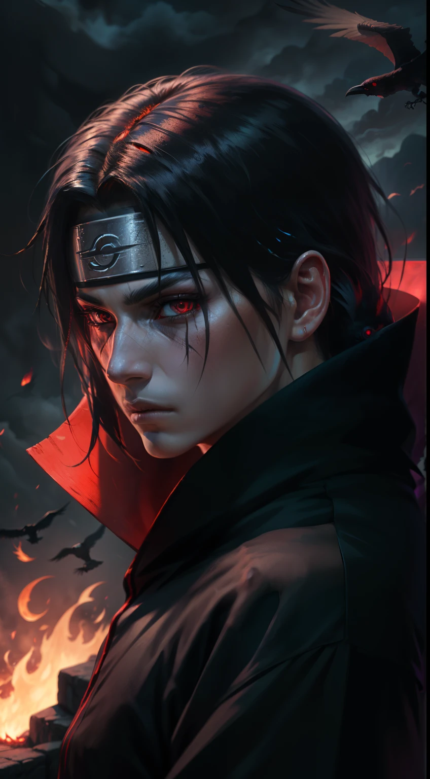 Itachi Uchiha, darkness envelops him, flaming Sharingan eyes, a raven by his side, hidden powers awaken, black flames consuming everything, an 8k vision revealing all the dark details.