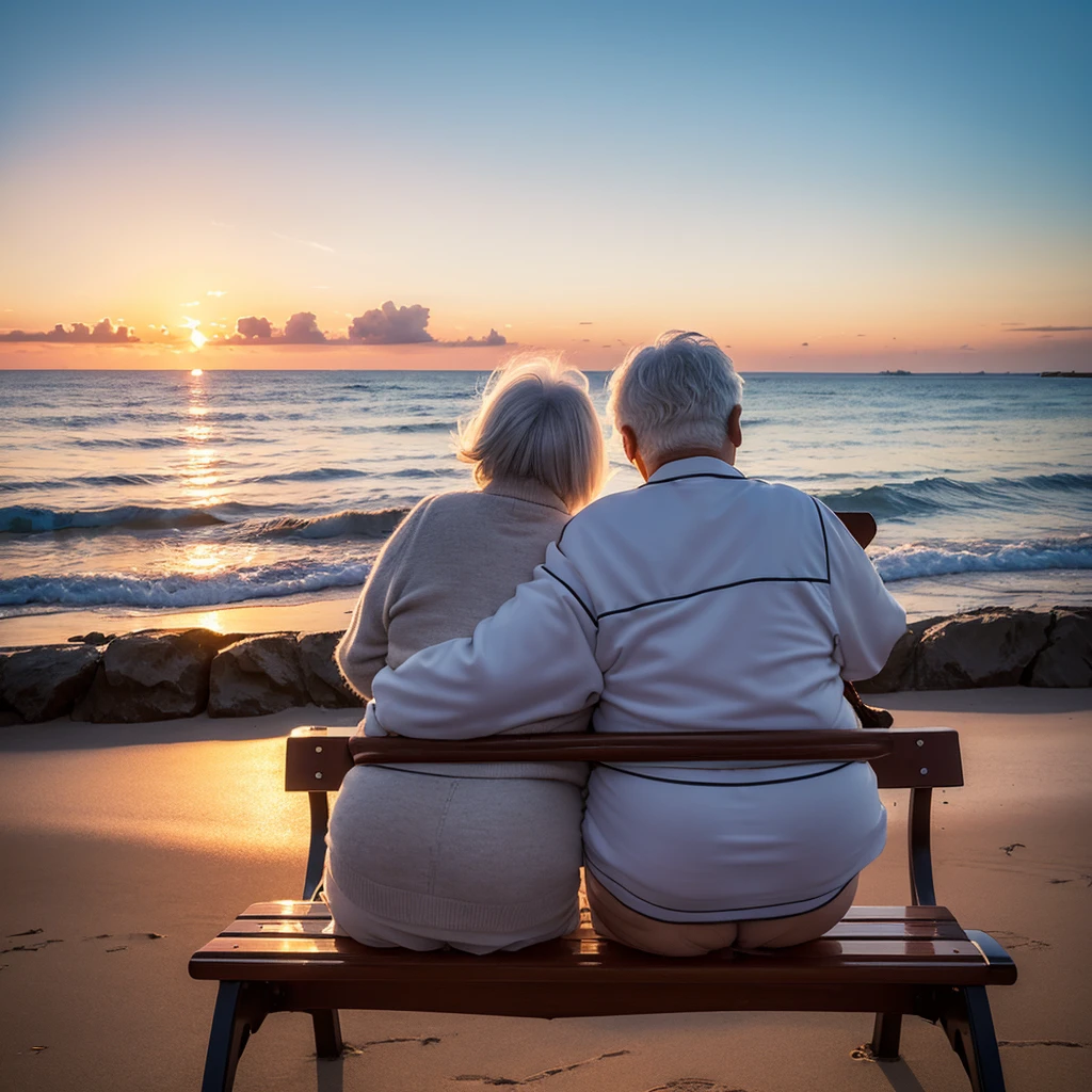 (Two slightly fat white-haired elderly people),Back on the bench,Leaning together,(looking at the sunset),(peaceful smile), Sky,Cartoon, seaside