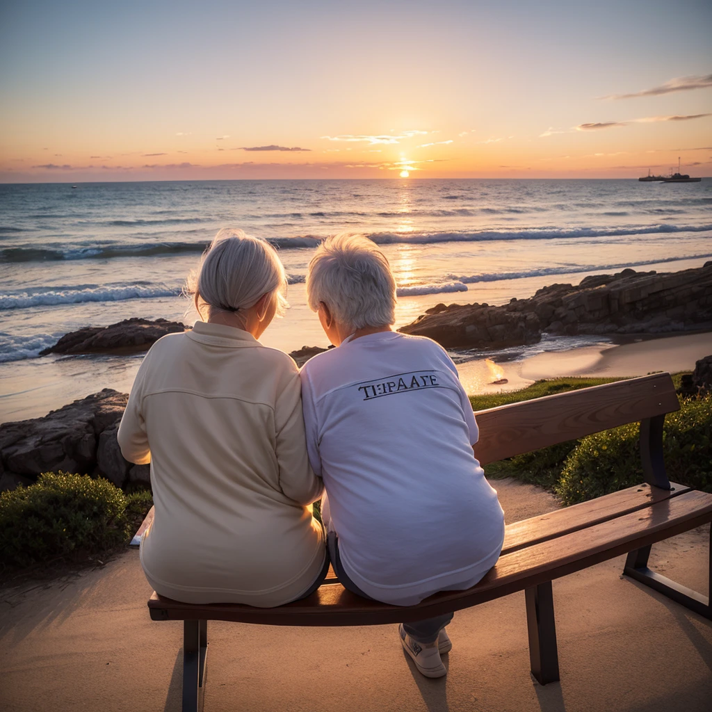(Two slightly fat white-haired elderly people),Back on the bench,Leaning together,(looking at the sunset),(peaceful smile), Sky,Cartoon, seaside