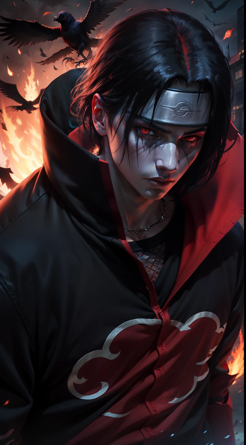 Itachi Uchiha, darkness envelops him, flaming Sharingan eyes, a raven by his side, hidden powers awaken, black flames consuming everything, an 8k vision revealing all the dark details.
