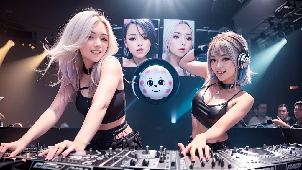 (ultra - detailed, 16K resolution, Cinema lenses, rendering by octane), (high resolution:1.18), intricate detail, (masterpiece:1.1), (highest quality:1.1), (1girl, portrait, white hair, blue eyes, short hair, detailed eyes),Wearing silver DJ headphones, Shiny silver sequined T-shirt, (Iconic hip-hop pop costumes:1.3), Smile while DJing on stage, full body shot of, The spotlight shines on the female DJ. Photorealistic photography by Disco Lighting, (cute round face:1.3), perfect fingers, five fingers, beautiful hands, perfect hands. master peace, cute smile.
