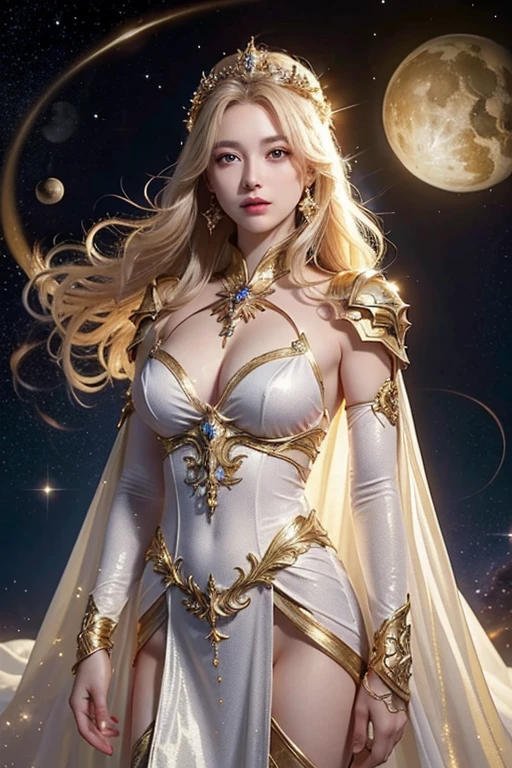 (masterpiece、Highest quality、High resolution、8K、16K)、((Alone in space、Beautiful Goddess、Standing posture、フローティング in the sky like a star))、(whole body)、Golden Cape、White long dress、No sleeve、Gold Bracelet、Blonde Hair、Beautiful brown eyes、Elegant and detailed face、Graceful operation、Right hand on chest、Professional Lighting、The universe is full of light、Countless stars and nebulae、