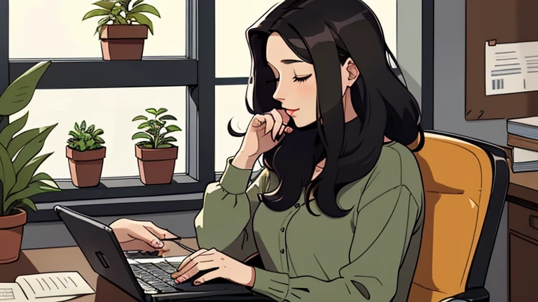 Beautiful dark-haired woman in her 30s sitting in an office chair, looking down and closing her eyes, relaxed atmosphere, cozy, LOFI girl, alone in the room, blouse, desk, documents, laptop, pen, plant, watch, smartphone, stationery, wide glass window, only five fingers, New York, colorful, well-proportioned face, book