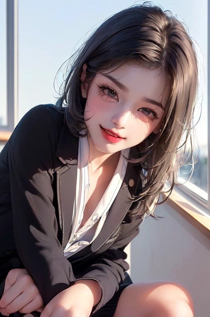 ((8k, RAW photos, top quality, masterpieces), high-definition RAW color photos professional close-up photos, (realistic, photorealism: 1.37), (highest quality), (best shadows), (best illustrations), collarbones ((big)), ((erotic, sexy, ultra high resolution, high-definition CG unified 8K wallpapers, physically based rendering, movie lighting), (aegyo sal:1), 18 year old girl, (grey blazer, ribbon, socks, high school uniform: 1.2), high school classroom, beautiful detail eyes, light on the face, ((full body shot: 1.2)), especially strong light, (upper eyes, grinning smile:1.2),shiny skin, (((black hair, bob hair:1.2))), ( thick thighs), ulzzang-6500-v1.1:0.2, shy, (flash:1.2), NSFW , (puffy), ((seductive posture: 1.2, attractive: 1.2)), (idle), (sitting at a desk in classroom: 1.2)), ((good anatomy: 1.2)), ((bright and refreshing classroom, background blurred: 1.2)), perfect face, cute face, (high angle shot:1.2)
