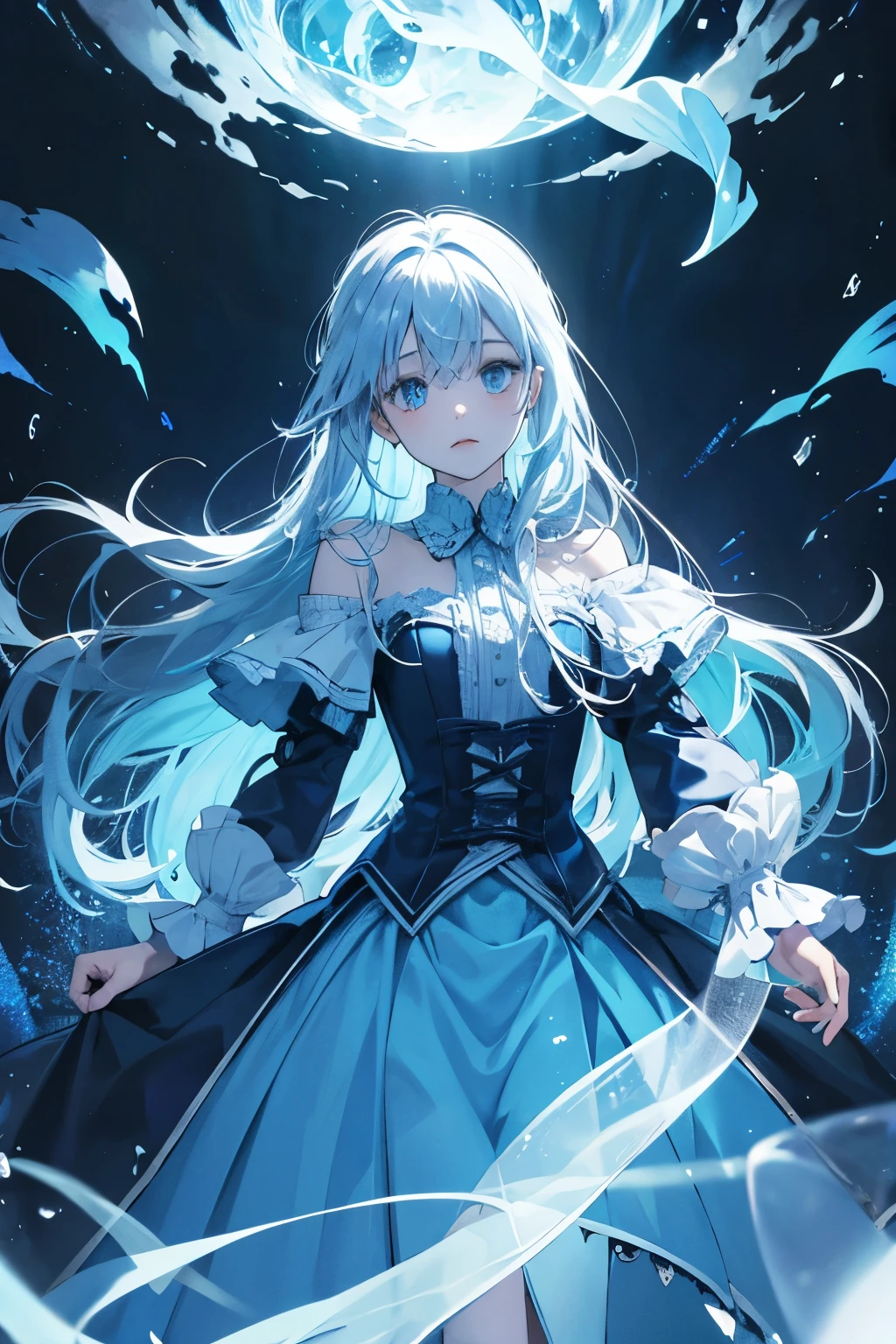 a ghostly entity, translucent, blue and white, spirit of fear, long hair, empty eyes, gothic background.