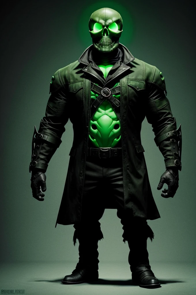 A skull face with one eye hanging, with a green body with muscular arms with claw-shaped hands and duck-like feet