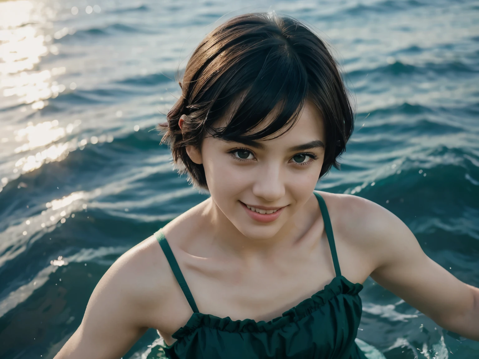 One beautiful and delicate portrait of a playful cute girl with short boyish hair, black hair, emerald green sea, mischievous smile, dancing petals, (top quality, masterpiece, ultra-realistic) and petals floating in the background