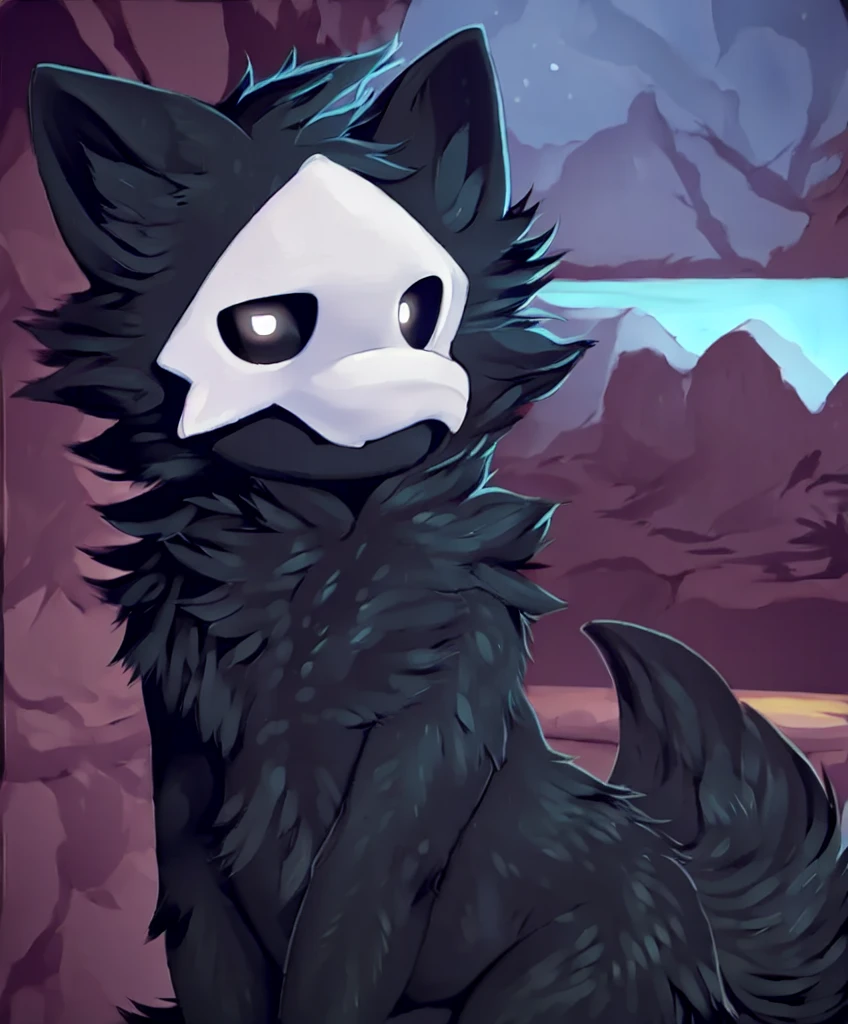 by hioshiru, by zackary911, puro, ((solo)), anthro, male, slime boy, goo creature, black body, black fur, monotone fur, monotone body, white mask, black sclera, white eyes, black slime, dripping, glistening body, wolf ears, wolf tail, (fluffy tail), snout,, thin, girly, femboy, short stature, dwarfism, portrait, detailed background, outside, day, forest, looking at viewer, mountain, fluffy fur, fluffy tail, chest tuft, fluffy, crotch tuft, mountains in the distance, wearing a (red cap):1.5, looking at viewer, wink, winking at viewer, smile, smiling at viewer,