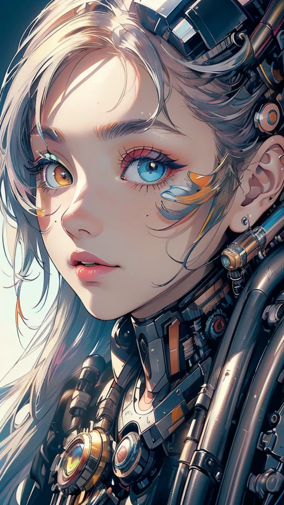 (((masterpiece, highest quality))),(((solo:1.2))),(((1girl:1.2))),32k wallpaper, very detailed,(((((portfolio))))),(((((Close-up))))),(((((bust up))))),((((more various angle)))),(((highlight))),((((heterochromia)))),(((complete. detailed face))),((((Extremely talented)))),(((((most complicated machine))))),(((genius mechanic))),((Overall colorfully)),(((cyborg))),