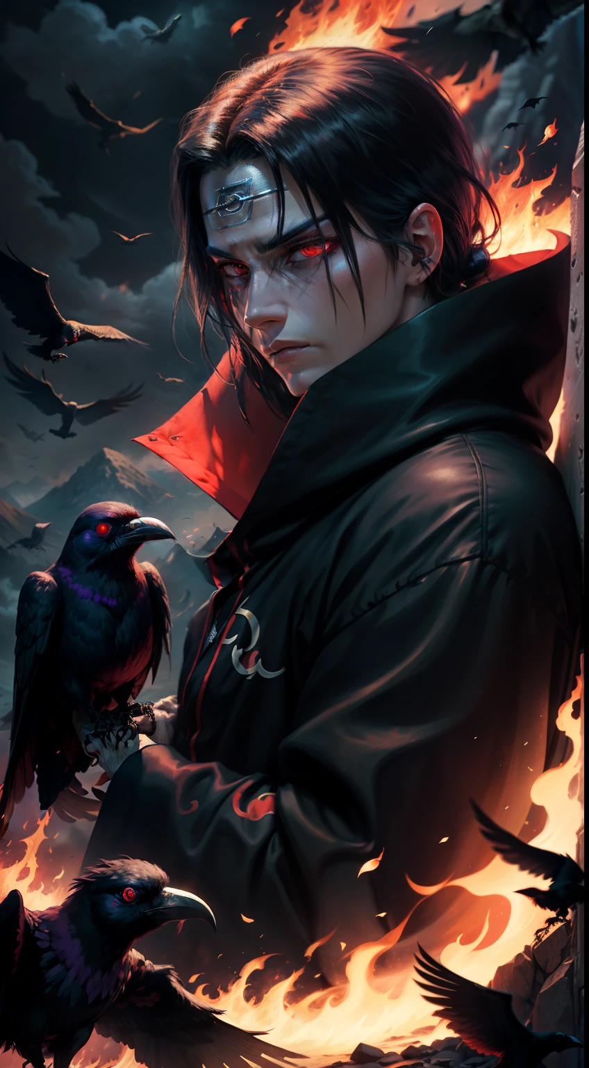 Itachi Uchiha, darkness envelops him, flaming Sharingan eyes, a raven by his side, hidden powers awaken, black flames consuming everything, an 8k vision revealing all the dark details.