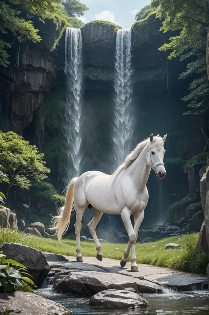 A background waterfall with sharp grey stones and translucent through fluid crystals. A bunch of precious plants of a thousand shapes, sizes, and colors flooded our senses for a few seconds. A tall, immaculately white being appeared at the left end of the screen, peacefully walking on a pair of ungodly hooves, the lower part of its body was the hind part of a horse, and on the left side appeared a small white horse of unprecedented perfection and beauty whose gaze could once convey innocence