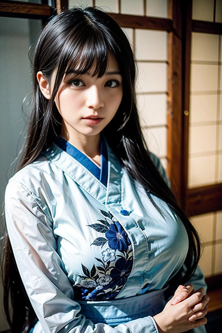 a japanese girl in Japanese uniform with oversized breasts, very detailed face, beautiful eyes, beautiful lips, long eyelashes, flowing hair, intricate , delicate details