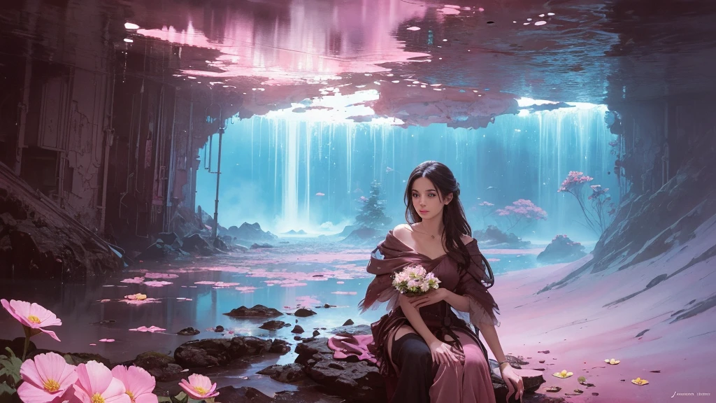 32k, Masterpiece, Highest quality, One girl, Detailed eyes, flower,Sandersonia, Pink and brown style,A dreamy, romantic piece,Pale pink, Mysterious Leaves,A playful arrangement,Fantasy,High Contrast,Ink strokes,explosion,Exposure, Impression of pink and brown tones,Abstract,((Watercolours by John Berkey and Jeremy Mann )) Brush strokes,Negative Space, Tyndall effect,