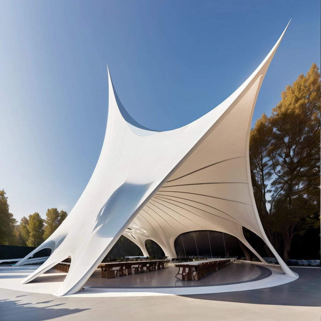 There is a big white tent,There are tables and benches below., Web portals. Zaha Hadid, tent architecture, in style of Zaha Hadid architect, Zaha Hadid style architecture, Zaha Hadid architecture, pavilion, Covered outdoor stage, architecture Zaha Hadid, Futuristic Church, author:Zaha Hadid, in style of Zaha Hadid, by Zha Shibiao, Santiago Calatrava