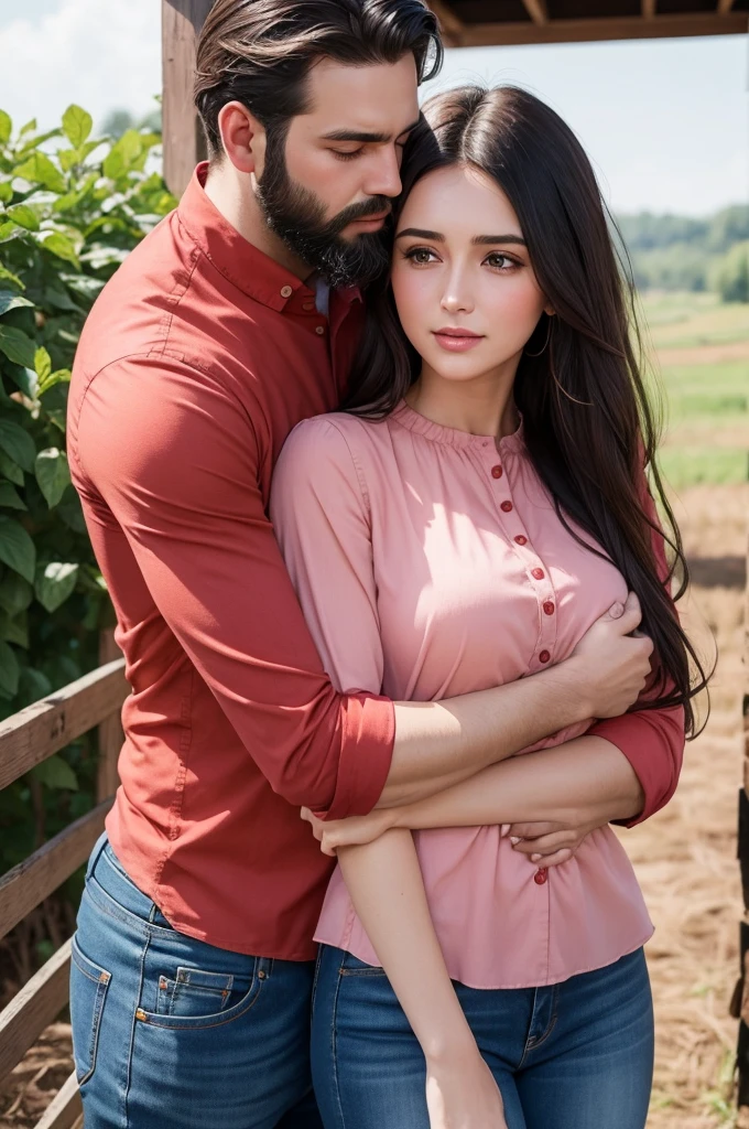 A farmer wearing jeans, a red blouse, a beard, black hair, pink cheeks, hugging a woman with long brunette hair