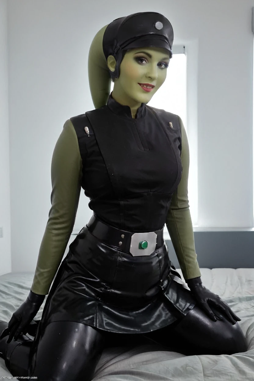 cinematic film still hera syndulla, (green skin:1.2), grin at canal, full body imperail officer wearing a black uniform with a skirt, sitting on a bed, highly detailed, high budget Hollywood movie