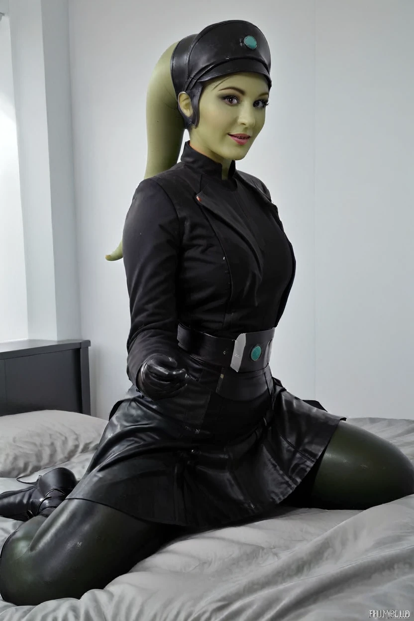 cinematic film still hera syndulla, (green skin:1.2), grin at canal, full body imperail officer wearing a black uniform with a skirt, sitting on a bed, highly detailed, high budget Hollywood movie