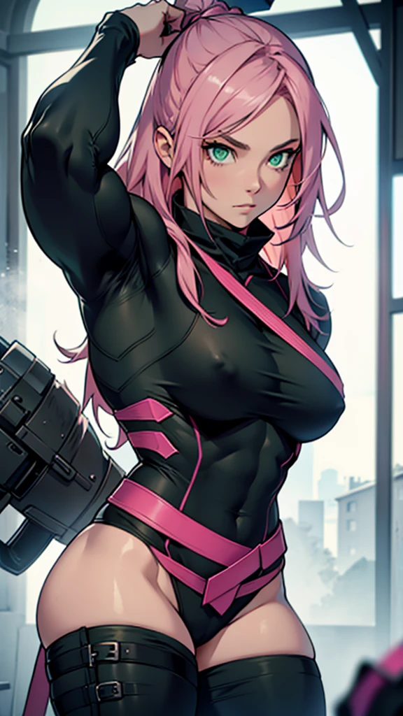 A pink haired woman, green eyes, wearing dark ninja clothing, muscular and hourglass body