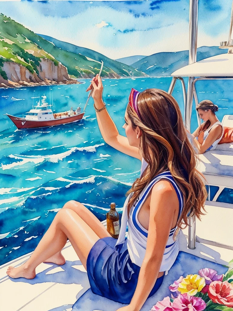 hyper realistic watercolor of a beautiful woman on a rock calling sailors who are leaning over the side of a boat to her, oil painting, watercolor, alcohol ink, intricate detail, vibrant color