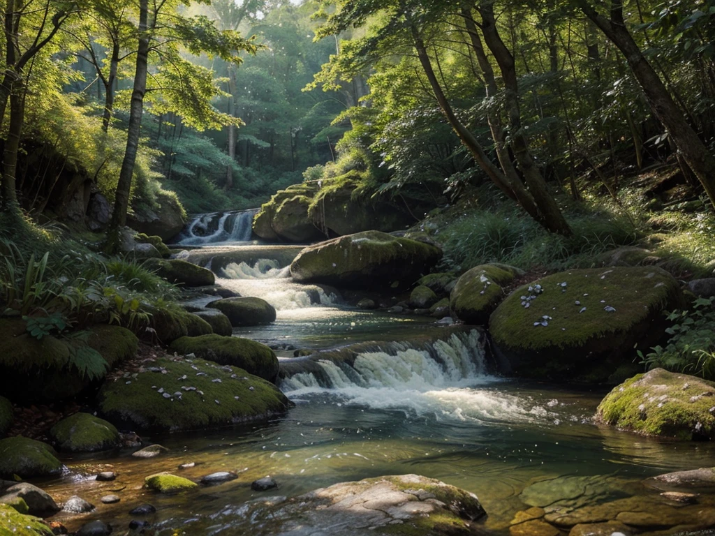 A gently flowing stream winds its way through a lush forest, the sunlight shimmering on its crystal-clear surface. This picturesque scene is captured in a stunning painting, where each leaf and rock is meticulously detailed. The vibrant greens of the foliage and the soft ripples of the water evoke a sense of tranquility and natural beauty. The artist's skillful use of color and light brings the image to life, making it truly mesmerizing.