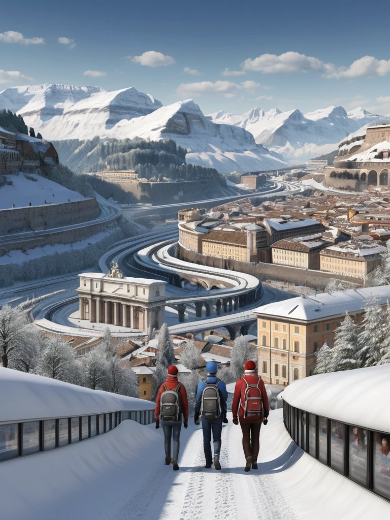 Generate a photorealistic image of a combined horizon featuring iconic monuments from Rome, Italy, and the snowy mountains of Switzerland with a Swiss train. The image should include the Colosseum, St. Peter's Basilica, and the Trevi Fountain from Rome, naturally integrated into the Swiss mountainous landscape with snowy peaks and the Glacier Express train. In the foreground, depict a happy couple of travelers walking along a path, with backpacks and appropriate clothing for the cold weather. The couple should be looking towards the horizon, appreciating the view. The image should be vivid and realistic, with a natural balance between the Italian and Swiss elements, and lighting suggesting a sunny but cool afternoon.