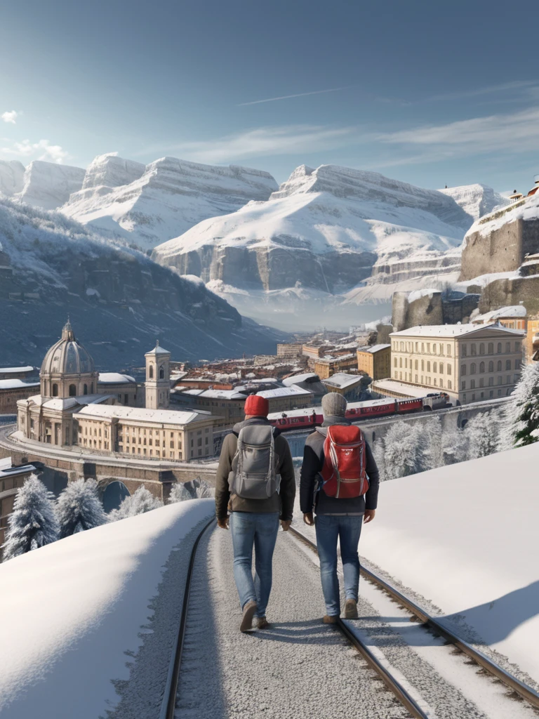 Generate a photorealistic image of a combined horizon featuring iconic monuments from Rome, Italy, and the snowy mountains of Switzerland with a Swiss train. The image should include the Colosseum, St. Peter's Basilica, and the Trevi Fountain from Rome, naturally integrated into the Swiss mountainous landscape with snowy peaks and the Glacier Express train. In the foreground, depict a happy couple of travelers walking along a path, with backpacks and appropriate clothing for the cold weather. The couple should be looking towards the horizon, appreciating the view. The image should be vivid and realistic, with a natural balance between the Italian and Swiss elements, and lighting suggesting a sunny but cool afternoon.