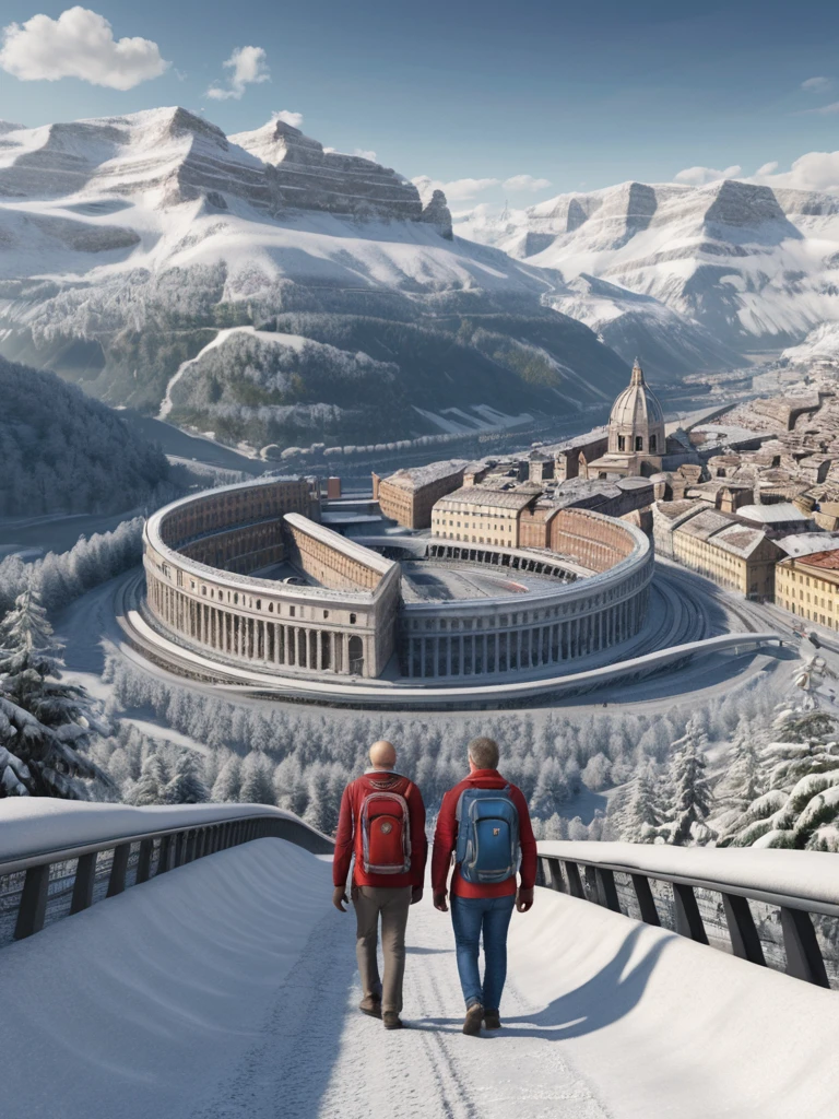 Generate a photorealistic image of a combined horizon featuring iconic monuments from Rome, Italy, and the snowy mountains of Switzerland with a Swiss train. The image should include the Colosseum, St. Peter's Basilica, and the Trevi Fountain from Rome, naturally integrated into the Swiss mountainous landscape with snowy peaks and the Glacier Express train. In the foreground, depict a happy couple of travelers walking along a path, with backpacks and appropriate clothing for the cold weather. The couple should be looking towards the horizon, appreciating the view. The image should be vivid and realistic, with a natural balance between the Italian and Swiss elements, and lighting suggesting a sunny but cool afternoon.