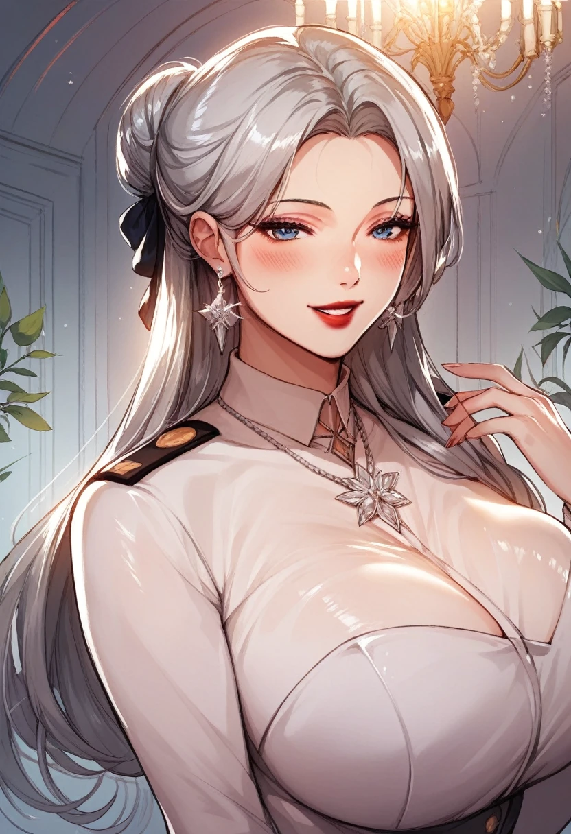 Hot sexy beautiful women, long silver chandelier earrings,big breasts, ,grey hair , hair bun,blush,blue eyes, smiling,red lipstick, military uniform
