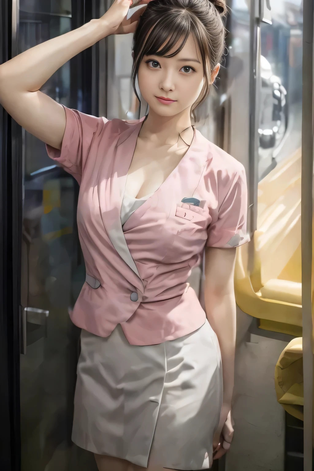 (masterpiece:1.2, Highest quality:1.2), 32k HDR, High resolution, (alone、1 girl)、（On the rooftop of a building in the daytime、Professional Lighting）、Building rooftop background、（Nankai train crew uniform pinkを着たリアルスタイル）、（Nankai train crew uniform pink short sleeve collarless pink jacket、Nankai Train Crew Uniform Pink Collarless Short Sleeve Blouse、Nankai Train Crew Uniform Pink Grey Knee-length Culottes）、（（The bottom of the pink short-sleeved jacket cannot be tucked into the clay-colored culottes.））、Dark brown hair、（Hair tied up、Hair Bun、Hair Bun）、Dark brown hair、Long Shot、Big Breasts、Thin legs、（（Great hands：2.0）），（（Harmonious body proportions：1.5）），（（Normal limbs：2.0）），（（Normal finger：2.0）），（（Delicate eyes：2.0）），（（Normal eyes：2.0））)、（Nankai Train Crew Uniform Pink Grey Knee-length Culottesを見せた美しい立ち姿）、smile