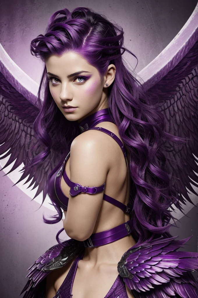 a girl with a purple Medusa cut and dark purple roots, color 312f37 and has red wings, her gift is fierce wings and with a hero uniform, purple eyes and white skin.