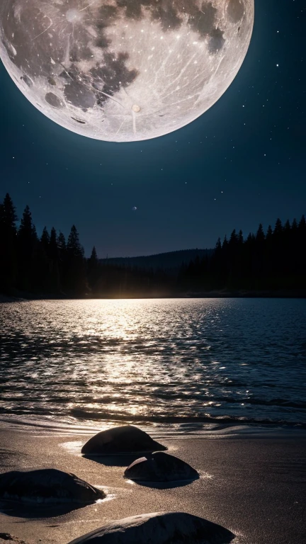Ultra-realistic capture, Highly detailed, High resolution 16k, A large full moon shining beautifully in the sky, Soft and gentle white light, Clear night sky without stars, Realistic lighting and shadows, Photorealistic scenery, Natural and serene atmosphere
