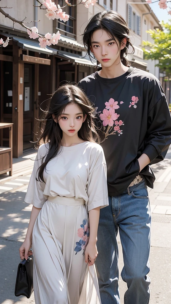 Create an image with two characters. The first character is a stunningly beautiful woman of French and Japanese descent. She has an exceptionally beautiful face, with striking blue eyes. Her hair is a beautiful long straight blonde. She is dressed in a white floral dress. The second character is a man with long black hair in the front. He is dressed casually in a T-shirt and denim. The story to be depicted is that the beautiful woman is on the right and the man is on the left. They are both entering the same university. Please depict them walking side by side with cherry blossoms in the background to convey the sense of their university entrance.