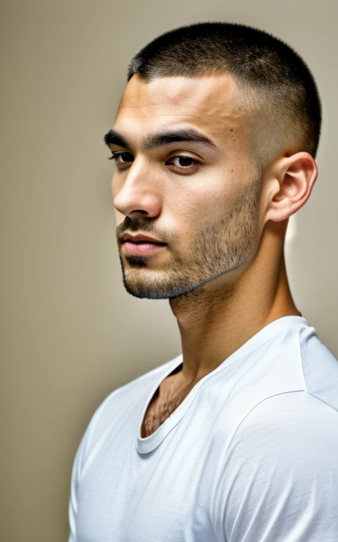 (ultra-high-resolution 8k, best quality, photo realistic:1.4) profile photo, BREAK american, (man), athlete, caucasian, 28years old, (buzz cut:1.2), square face, black and small eyes, stern eyes, thick and straight eyebrows, snub nose, plump lips, have distinct facial features, BREAK looking straight ahead, upper torso shot capturing his intense gaze, BREAK (muscular body), single eyelid, closed mouth and , Well-balanced face, wearing white no-sleeve top, exuding the vibe of a fashion model with a neutral, serious expression, BREAK